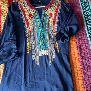 Blue tunic or dress with colorful embroidery size Small